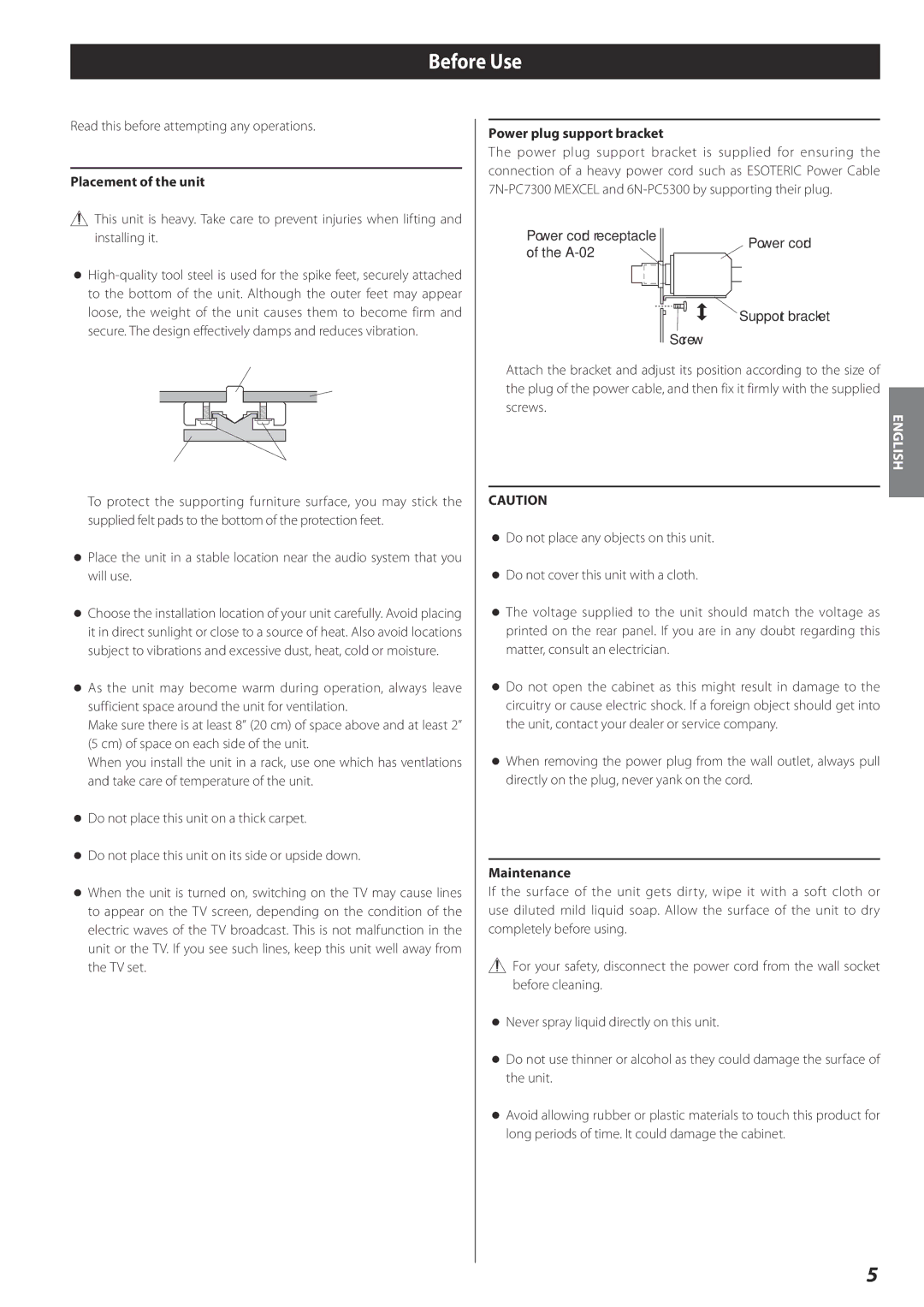 Esoteric A-02 owner manual Before Use, Placement of the unit, Power plug support bracket, Maintenance 