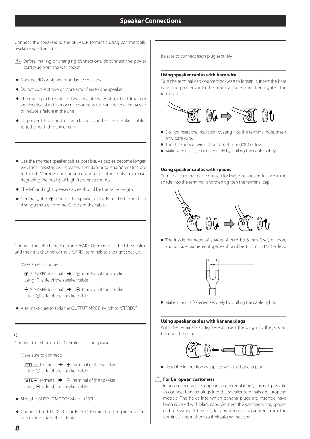 Esoteric A-02 owner manual Speaker Connections, Speaker cables, Connections when using the unit as a stereo power amplifier 