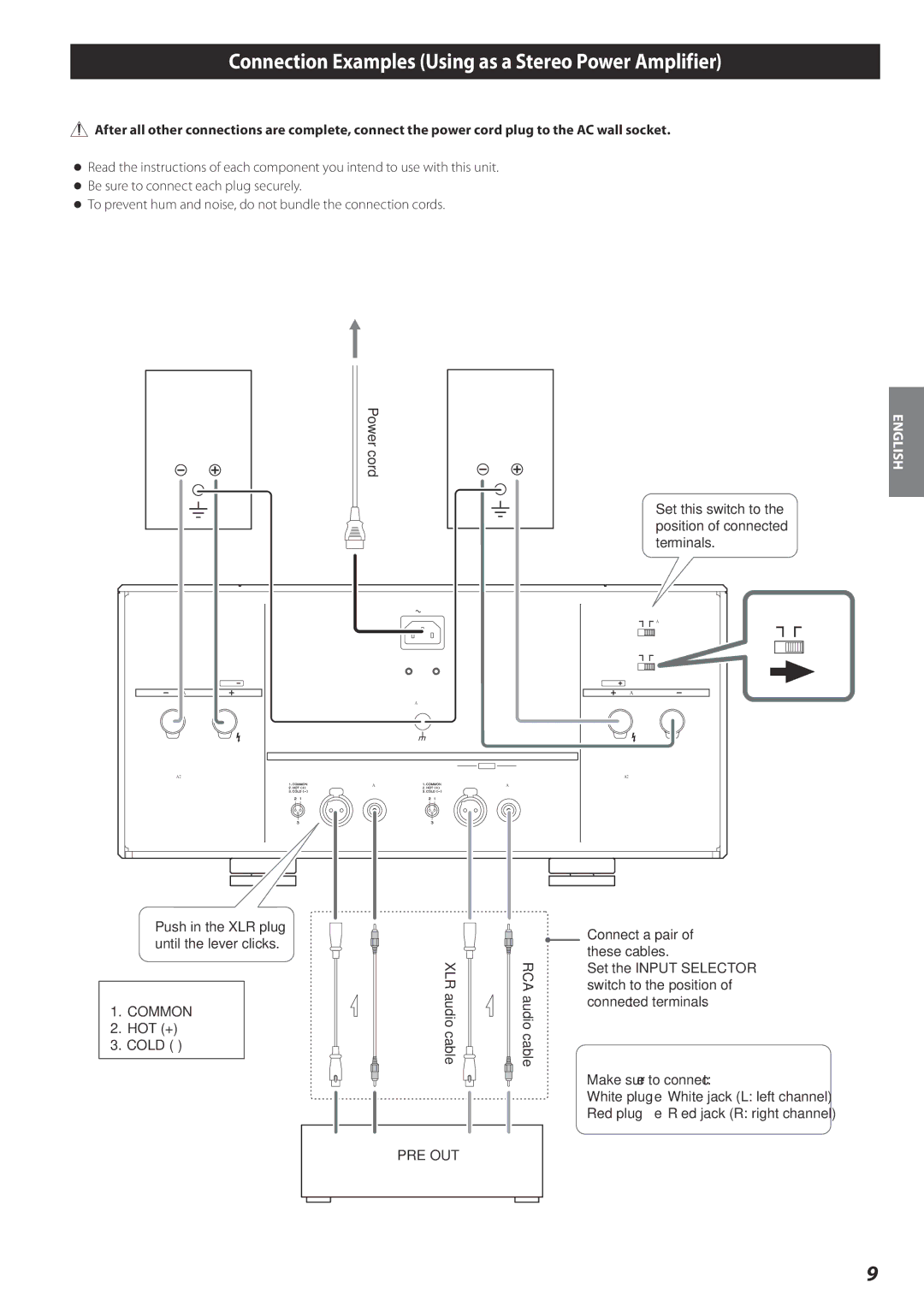 Esoteric A-02 Connection Examples Using as a Stereo Power Amplifier, Wall socket Right speaker, XLR pin assignment 