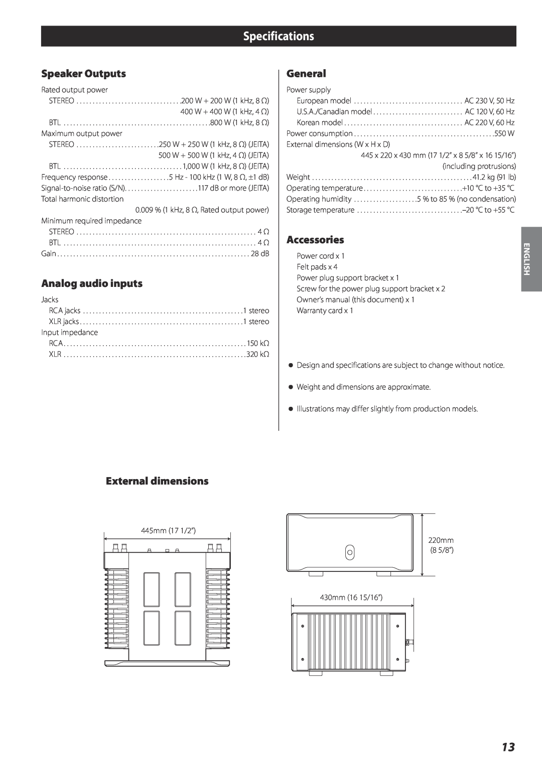 Esoteric A-02 owner manual Specifications, Speaker Outputs, Analog audio inputs, General, Accessories, External dimensions 