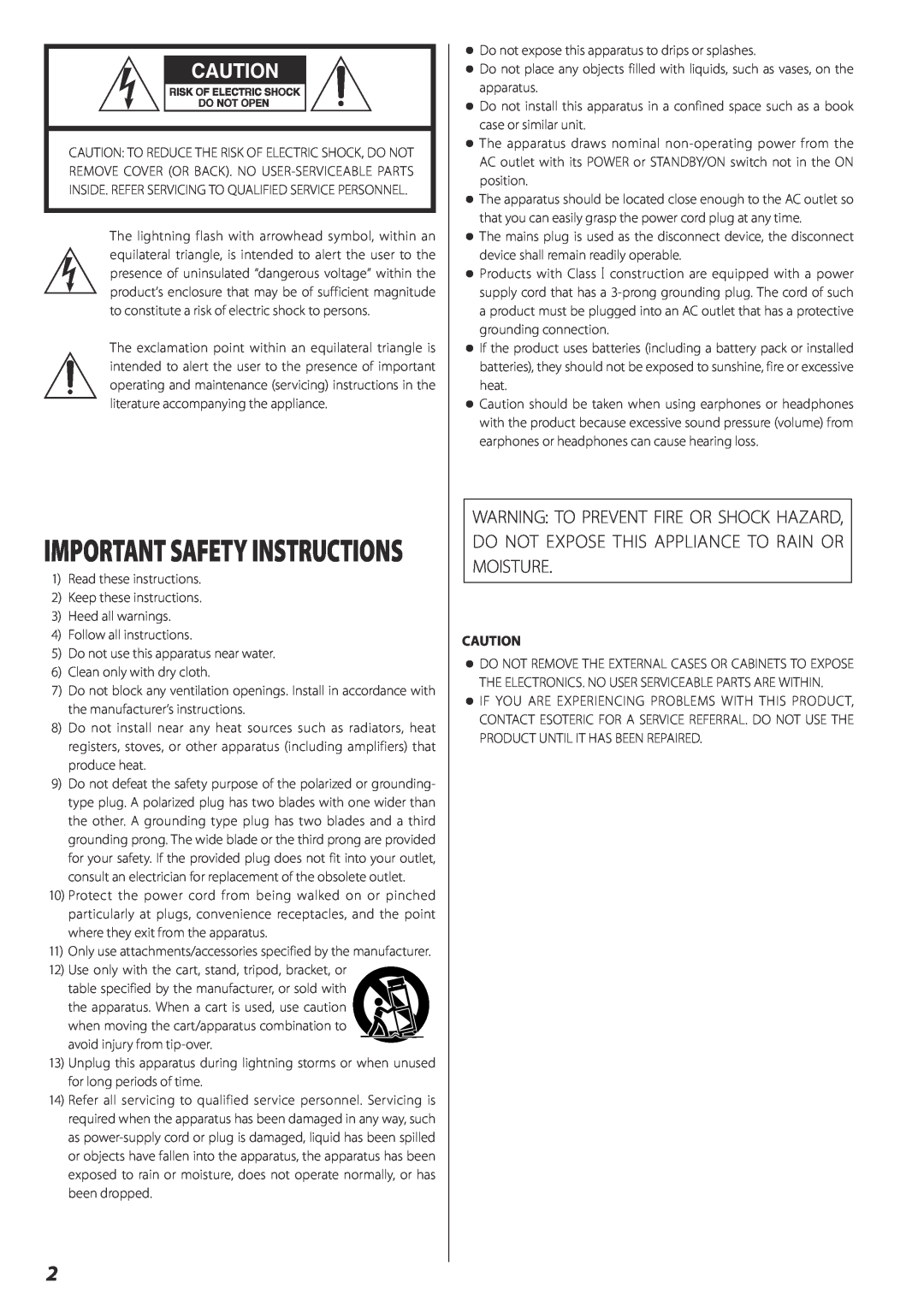 Esoteric A-02 owner manual Important Safety Instructions 