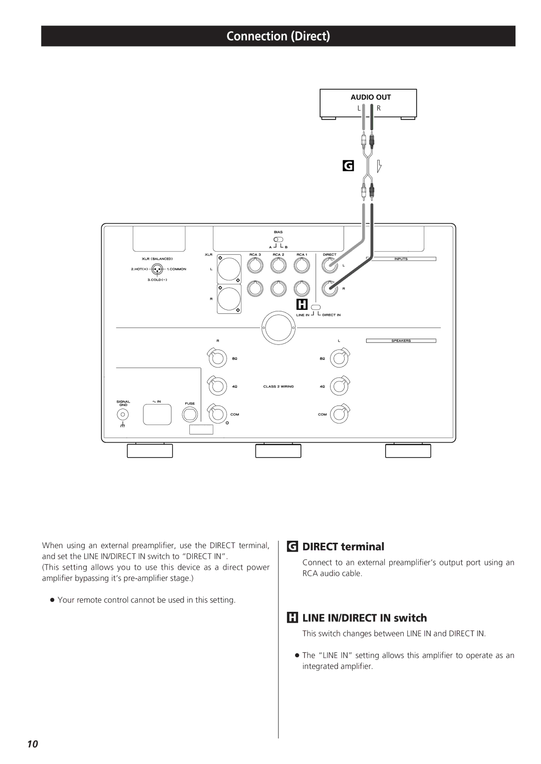 Esoteric A-100 owner manual Connection Direct, Direct terminal, Line IN/DIRECT in switch 