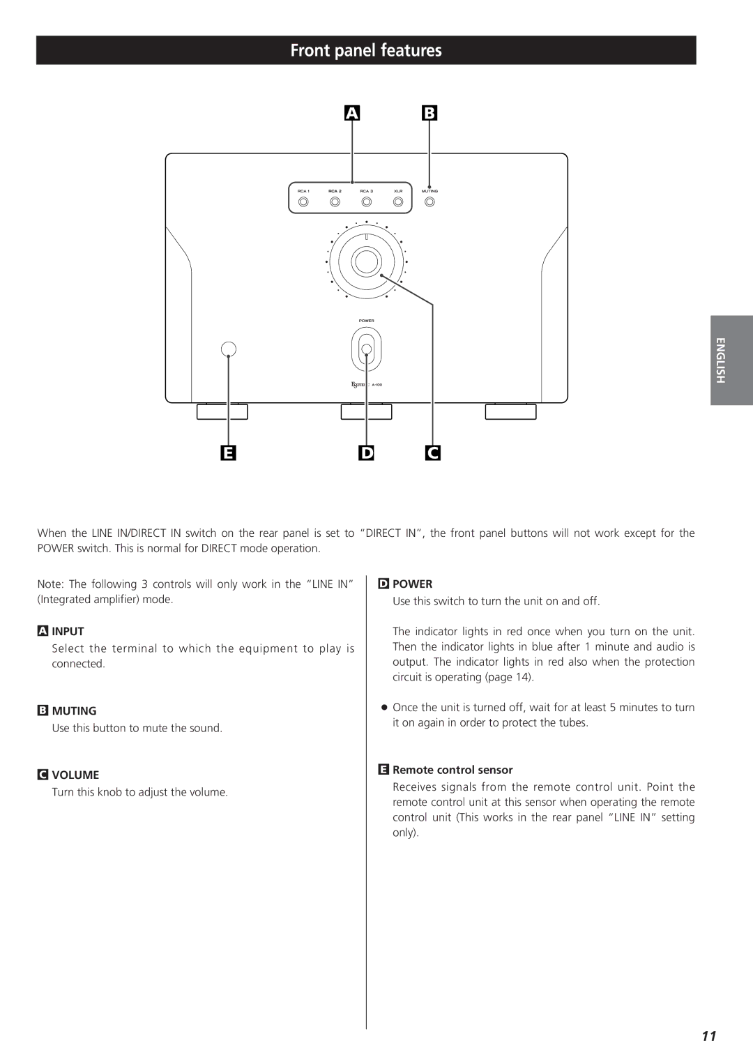 Esoteric A-100 owner manual Front panel features, Remote control sensor 