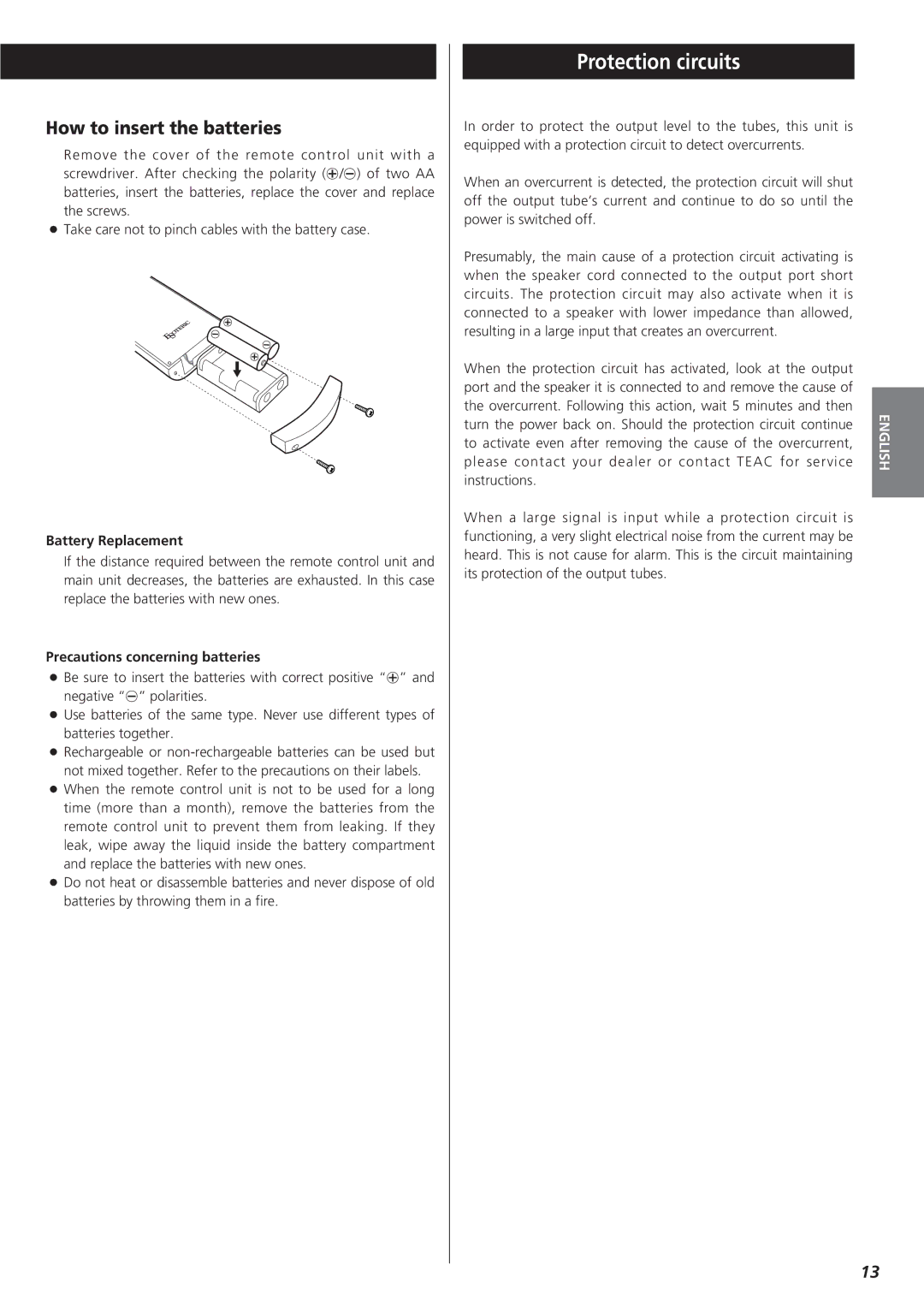 Esoteric A-100 Protection circuits, How to insert the batteries, Battery Replacement, Precautions concerning batteries 