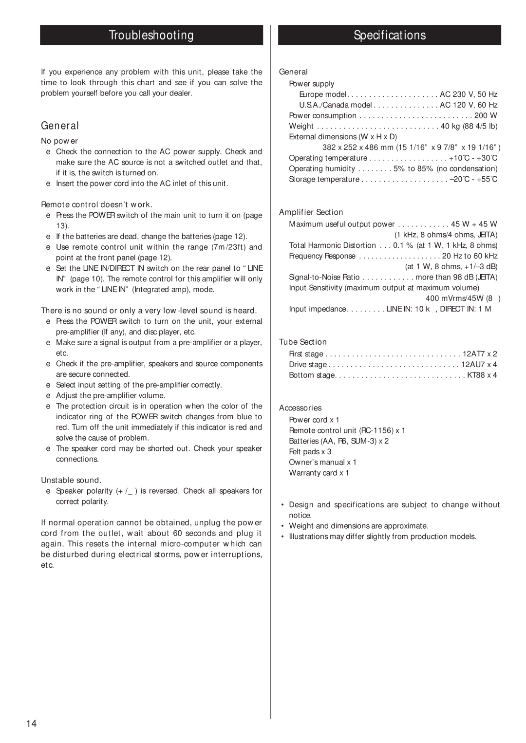 Esoteric A-100 owner manual Troubleshooting, Specifications, General 