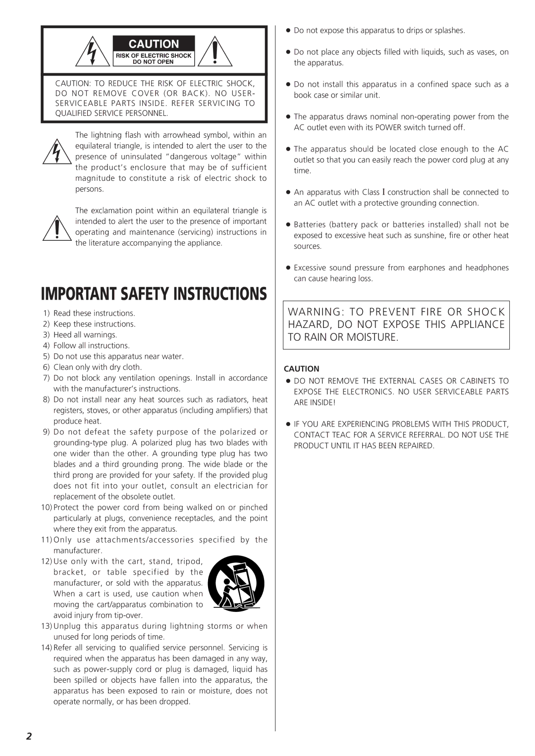 Esoteric A-100 owner manual Important Safety Instructions 