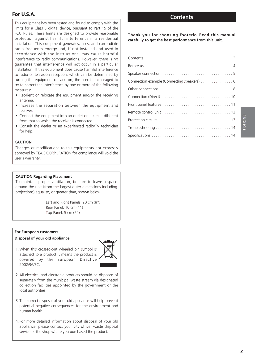 Esoteric A-100 owner manual Contents 