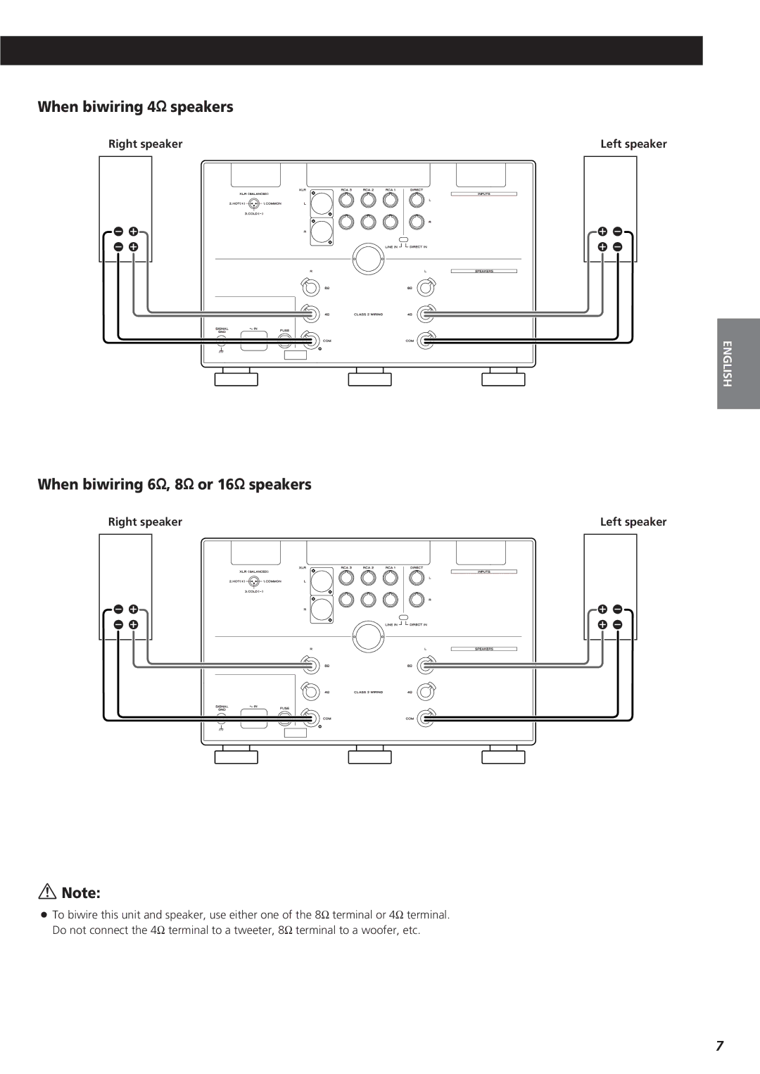 Esoteric A-100 owner manual When biwiring 4$ speakers, When biwiring 6$, 8$ or 16$ speakers 