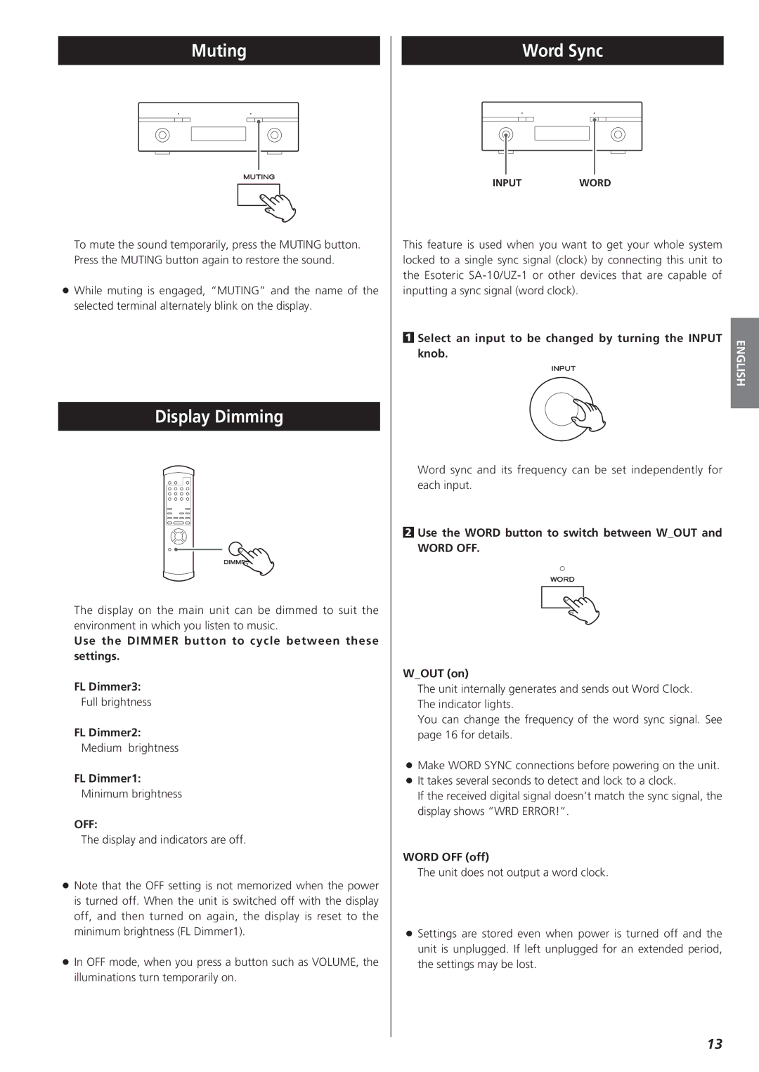 Esoteric AI-10 manual Muting, Display Dimming, Word Sync, Off, Word OFF 