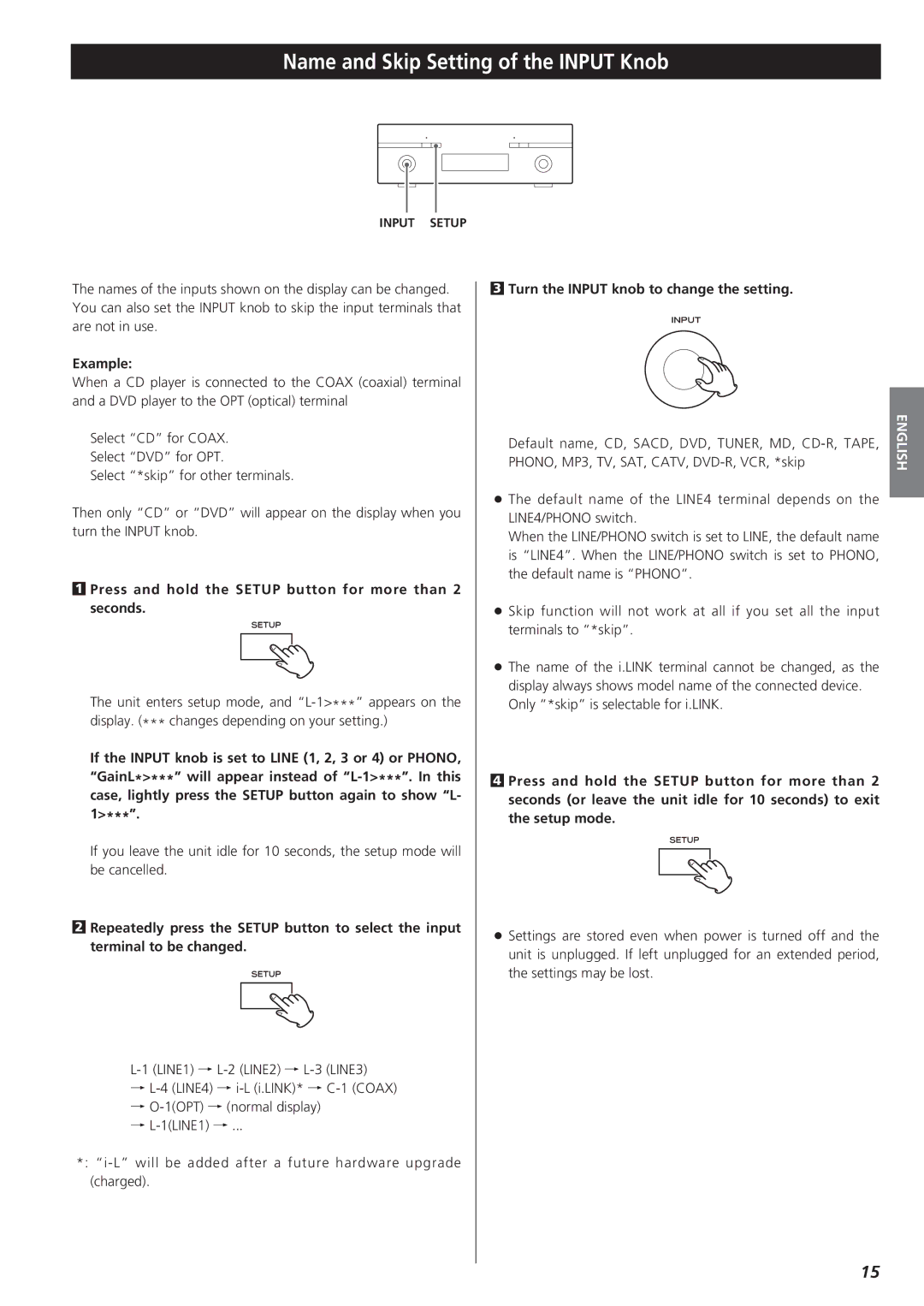 Esoteric AI-10 manual Name and Skip Setting of the Input Knob, Example, Turn the Input knob to change the setting 