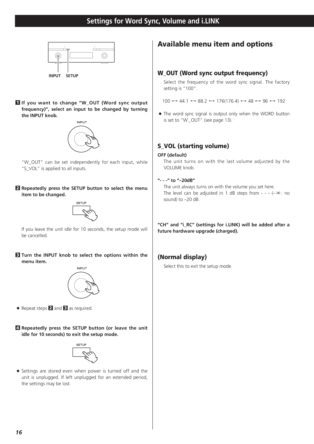 Esoteric AI-10 manual Settings for Word Sync, Volume and i.LINK, Wout Word sync output frequency, Svol starting volume 