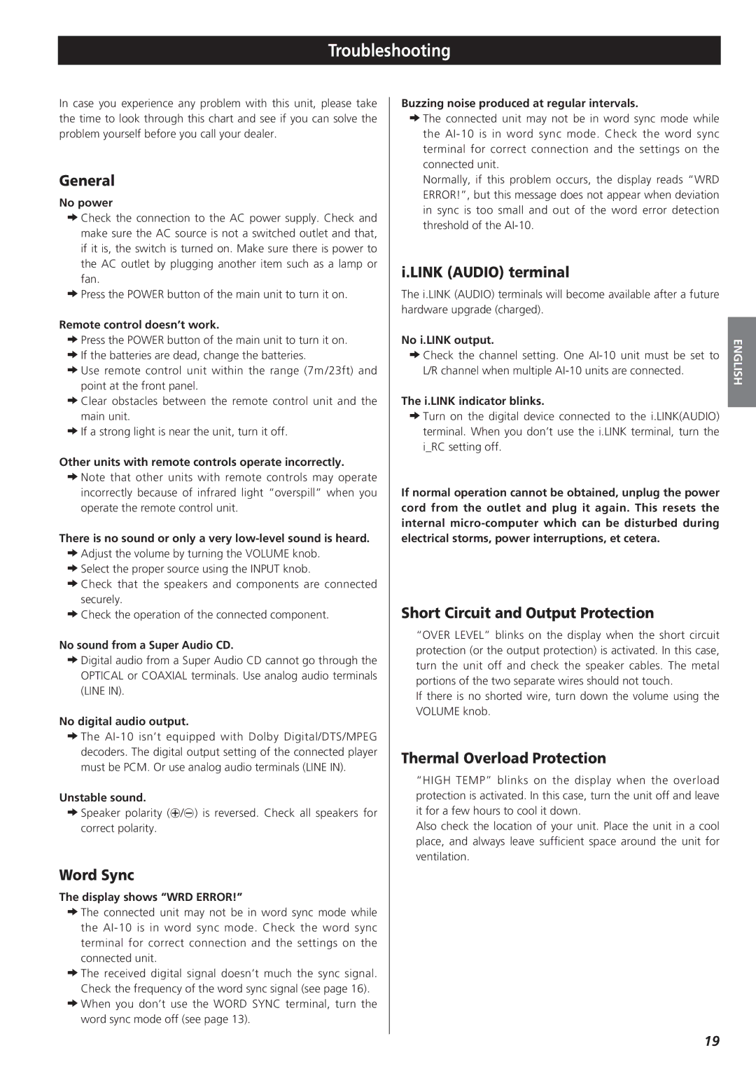 Esoteric AI-10 manual Troubleshooting 