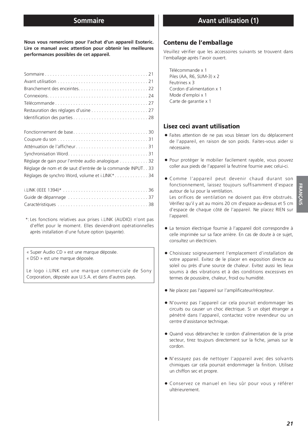 Esoteric AI-10 manual Sommaire, Avant utilisation, Contenu de l’emballage, Lisez ceci avant utilisation 