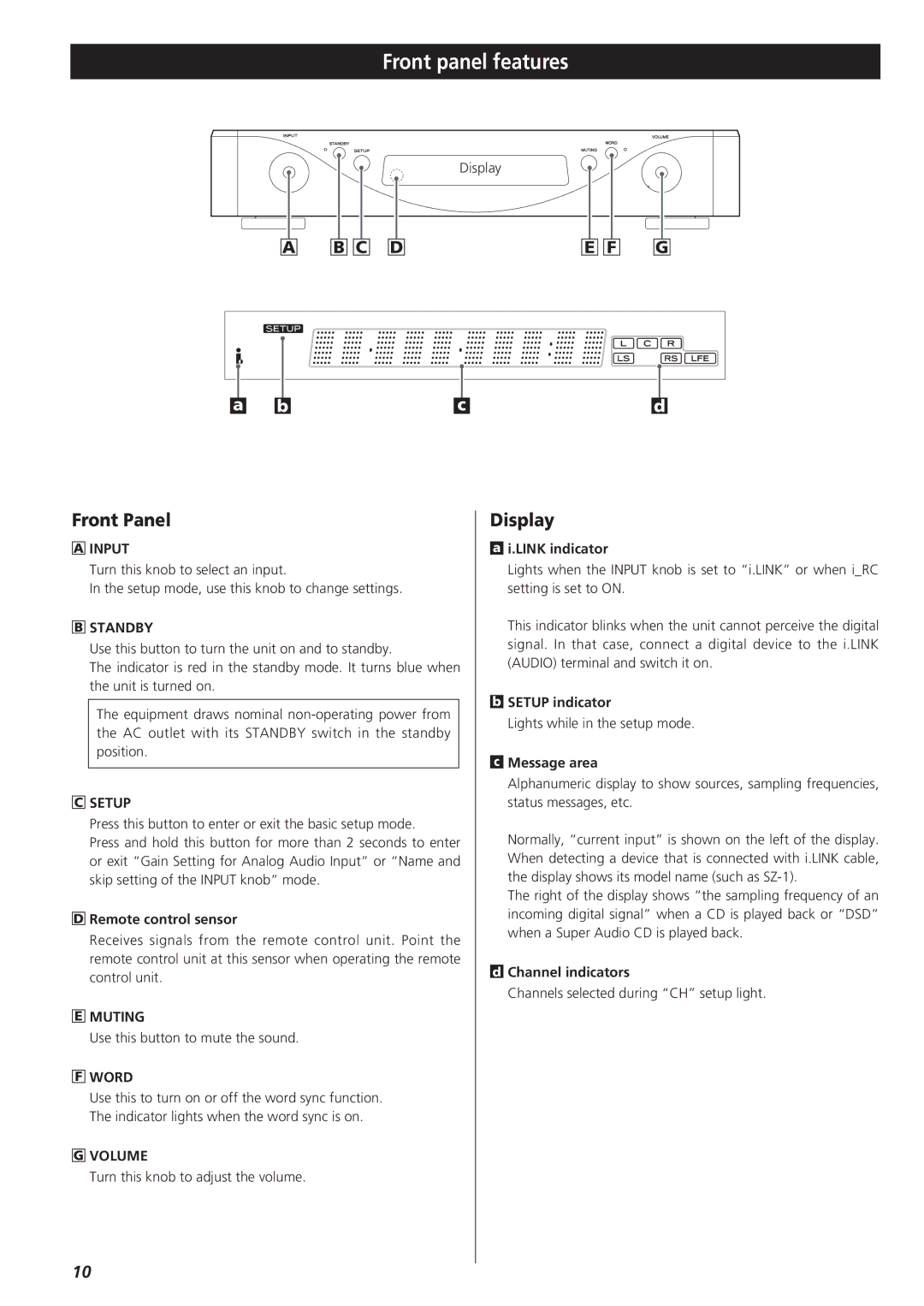 Esoteric AZ-1 manual Front panel features, Front Panel, Display 