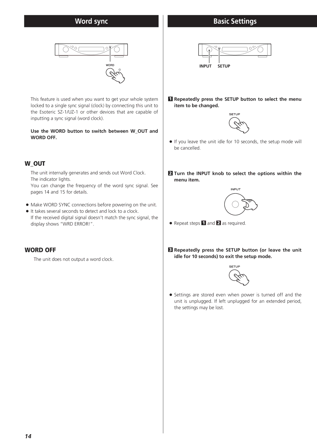 Esoteric AZ-1 manual Word sync, Basic Settings, Use the Word button to switch between Wout 