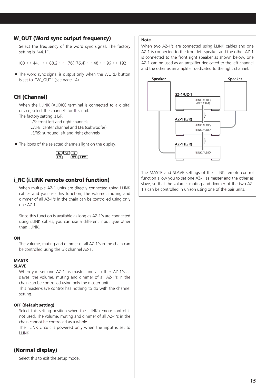 Esoteric AZ-1 manual Wout Word sync output frequency, CH Channel, IRC i.LINK remote control function, Normal display 