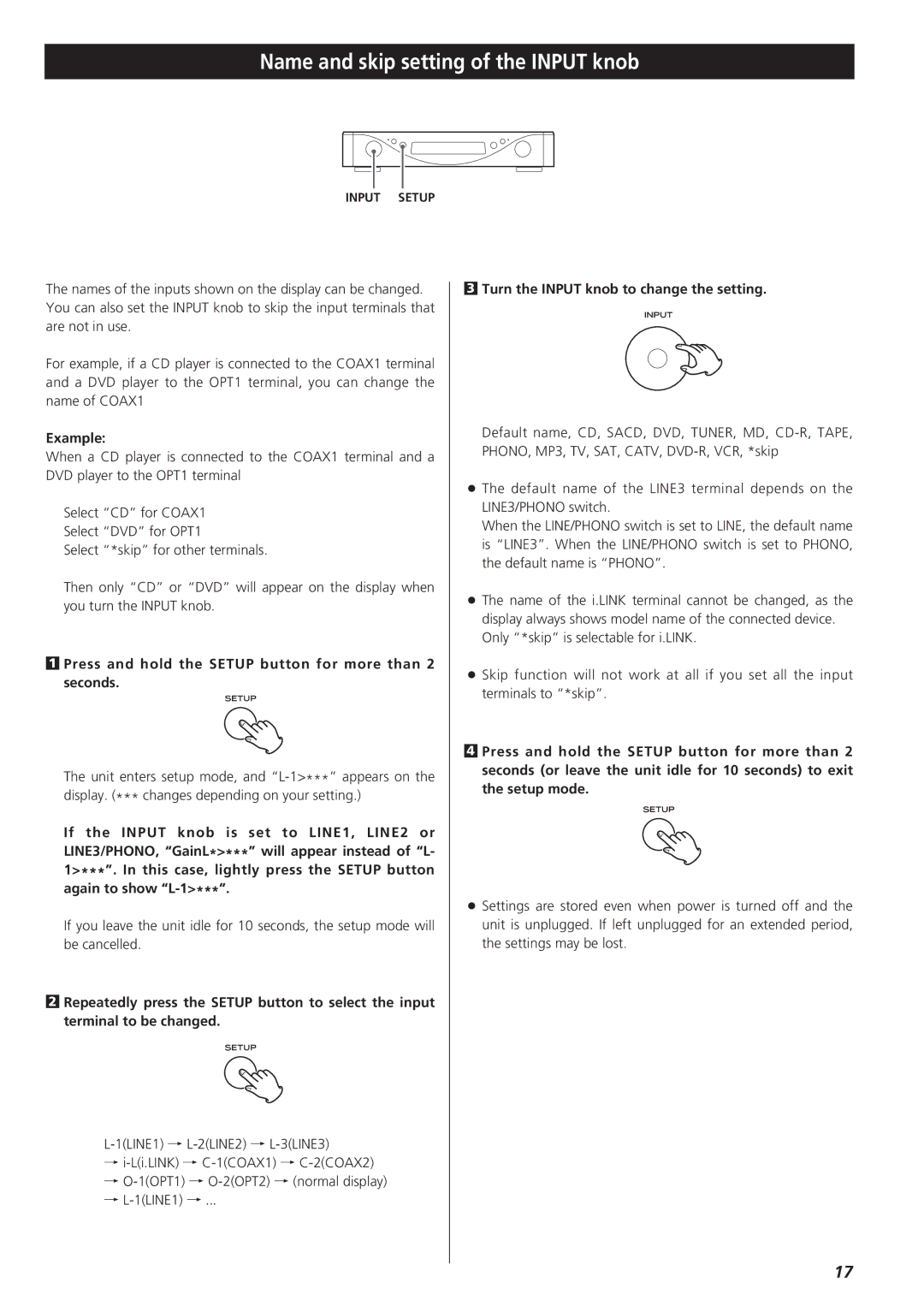 Esoteric AZ-1 manual Name and skip setting of the Input knob, Example, Turn the Input knob to change the setting 