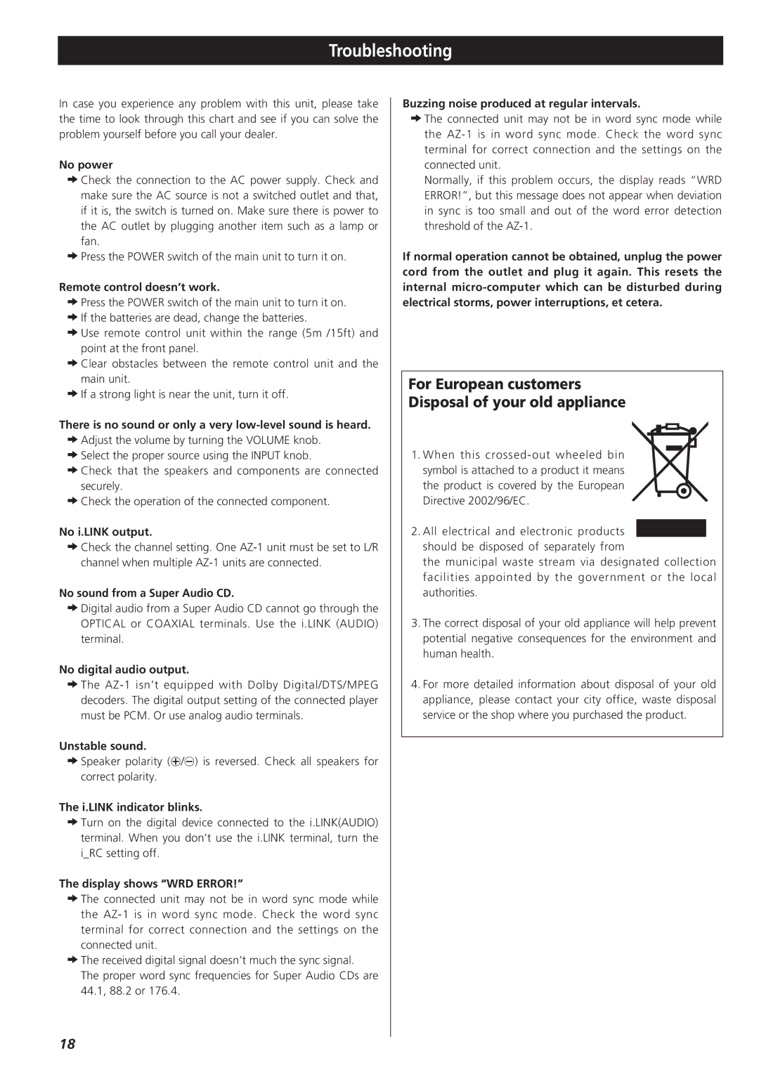 Esoteric AZ-1 manual Troubleshooting, For European customers Disposal of your old appliance 