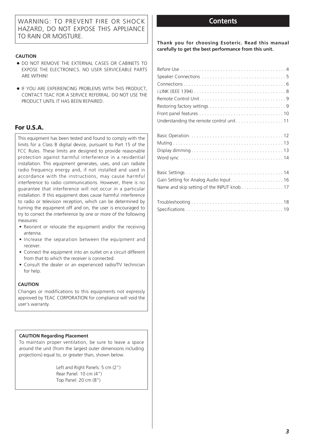 Esoteric AZ-1 manual Contents 