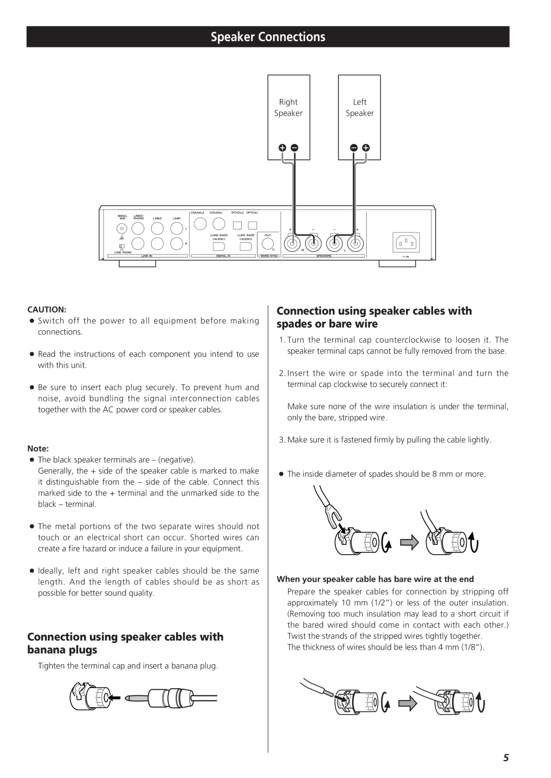 Esoteric AZ-1 manual Speaker Connections, Connection using speaker cables with banana plugs 