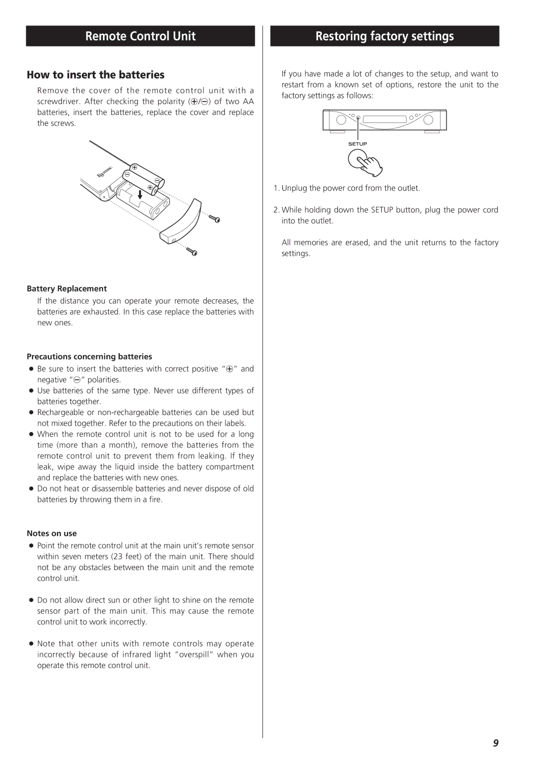 Esoteric AZ-1 manual Remote Control Unit, Restoring factory settings, How to insert the batteries, Battery Replacement 