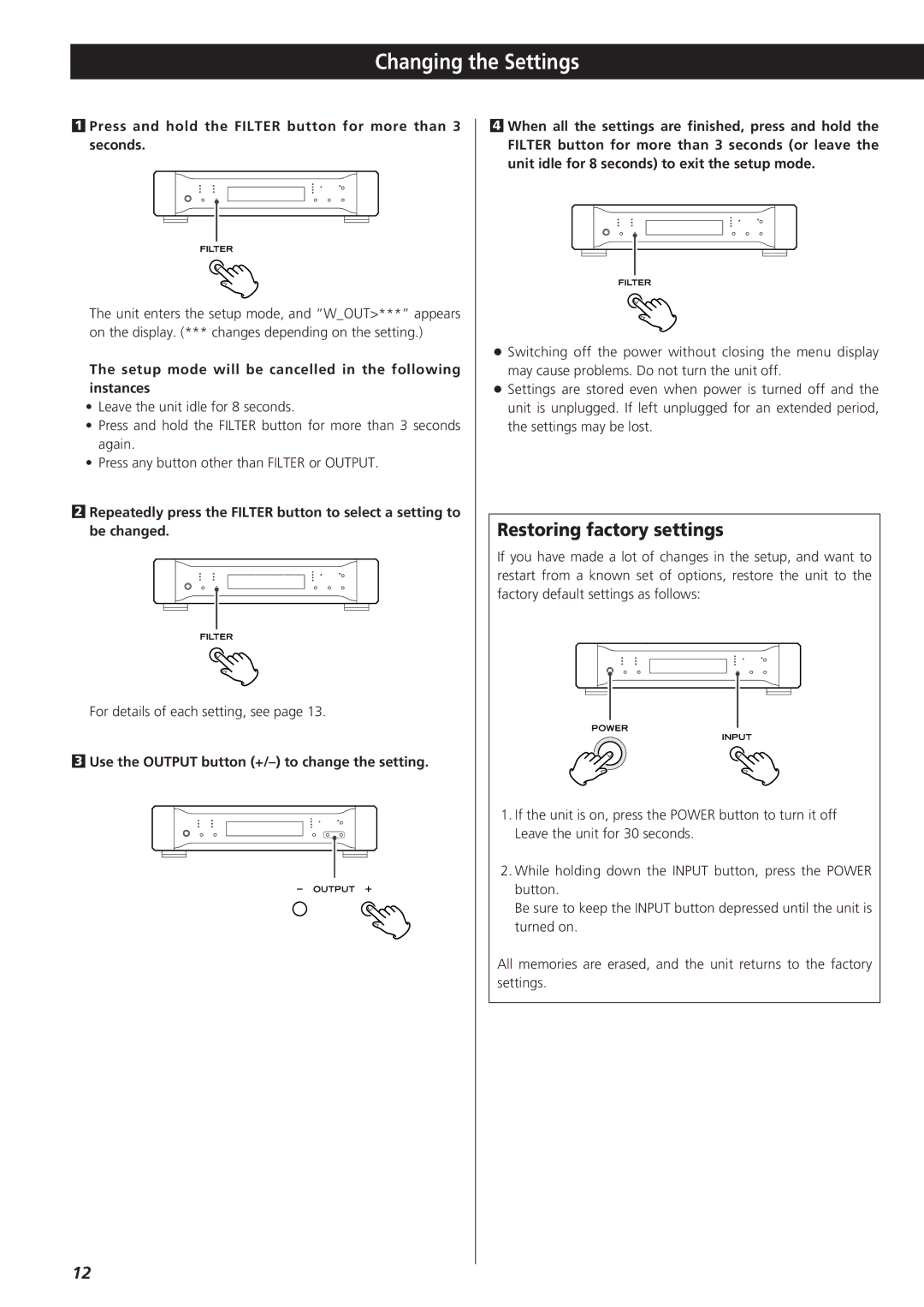 Esoteric D-01 Changing the Settings, Restoring factory settings, Press and hold the Filter button for more than 3 seconds 