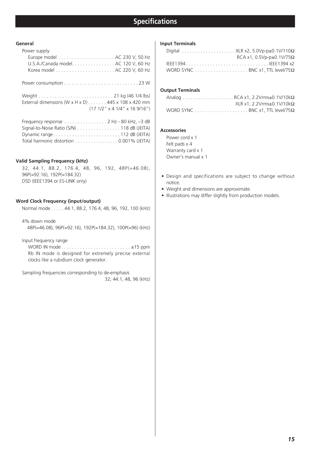 Esoteric D-01 manual Specifications 