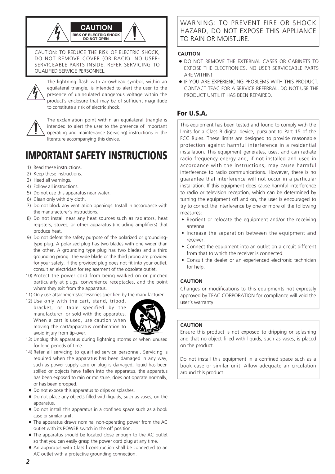 Esoteric D-01 manual Important Safety Instructions, For U.S.A 