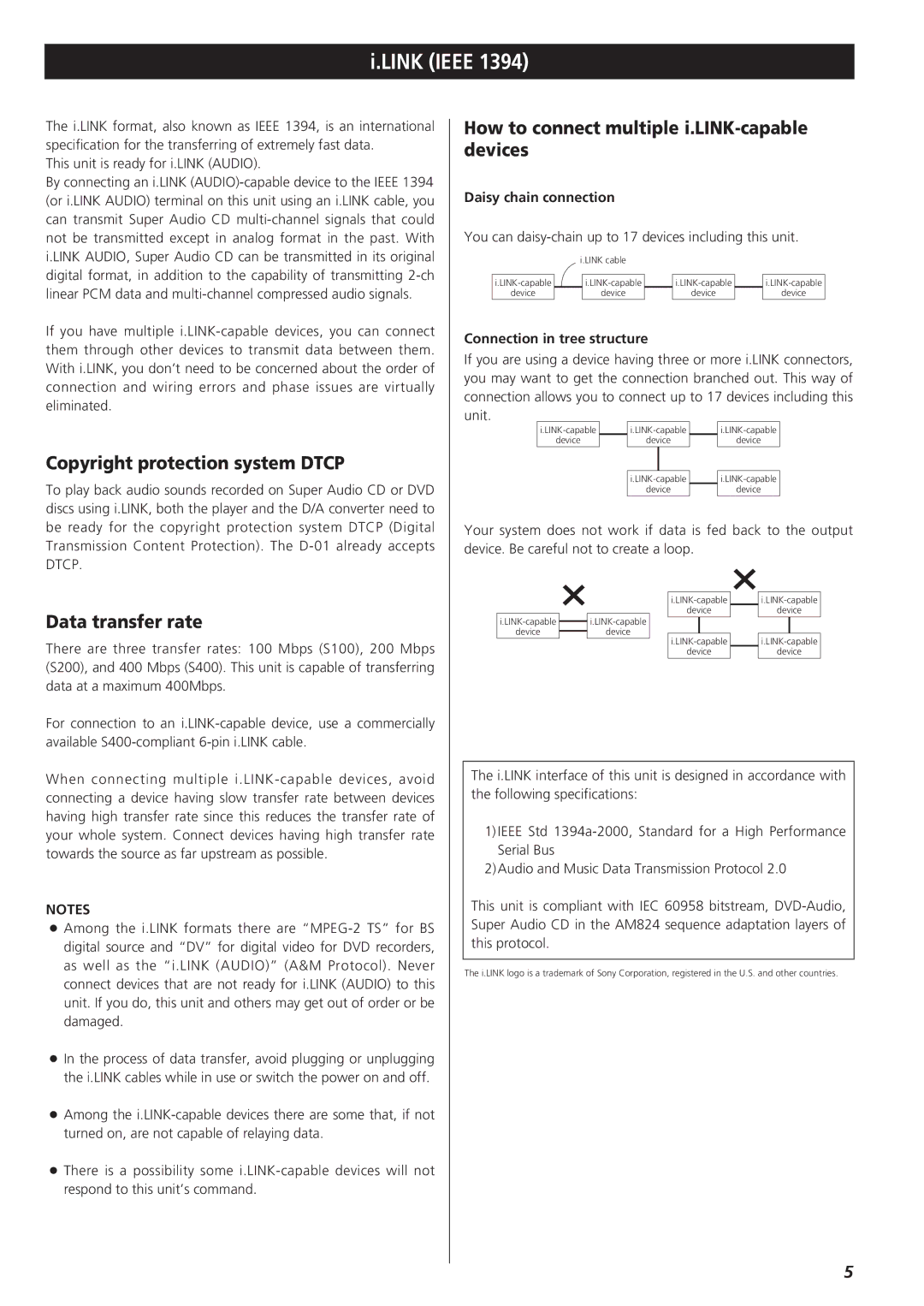 Esoteric D-01 manual Link Ieee, Copyright protection system Dtcp, Data transfer rate 