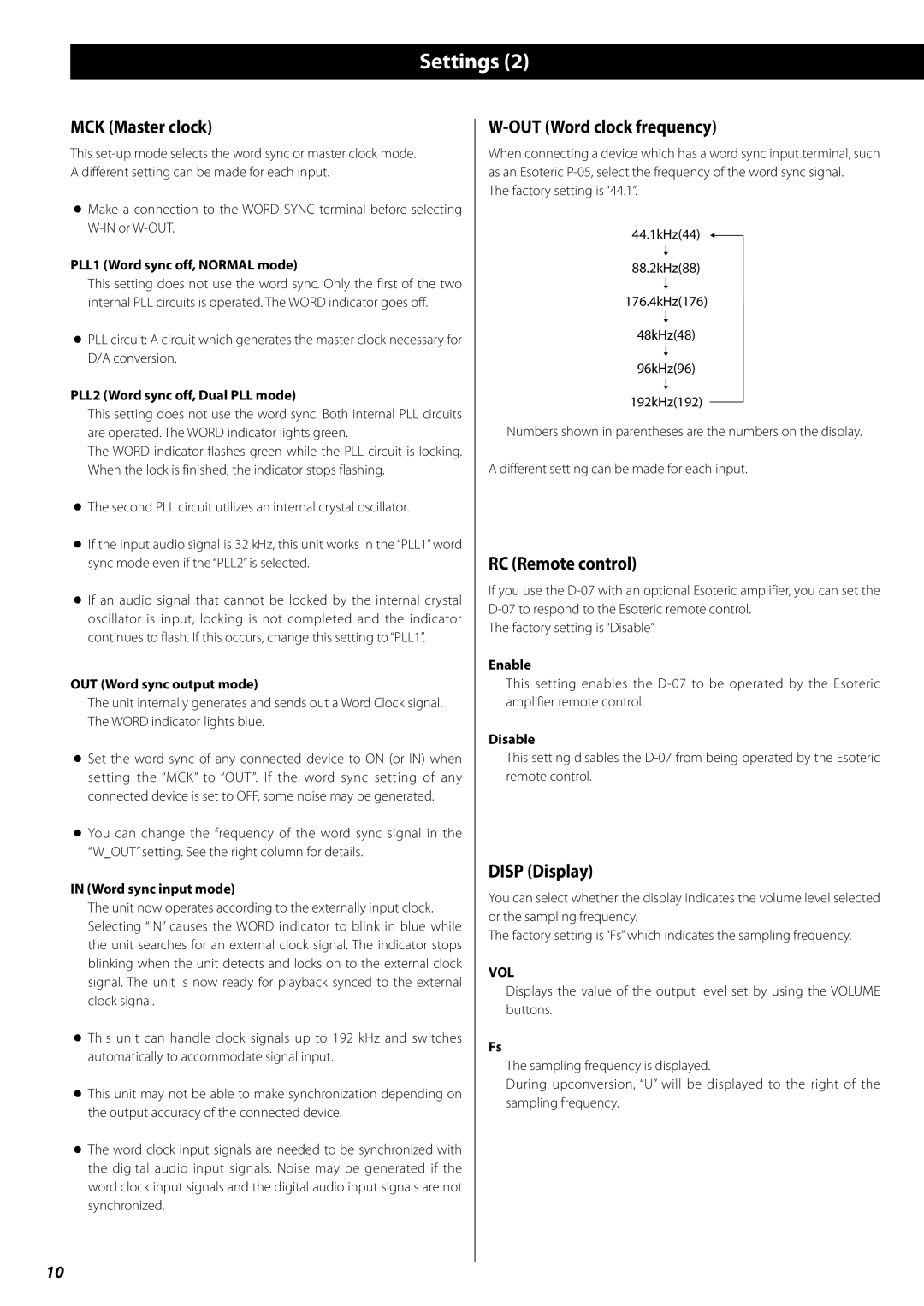 Esoteric D-07 owner manual MCK Master clock, OUT Word clock frequency, RC Remote control, Disp Display, Vol 