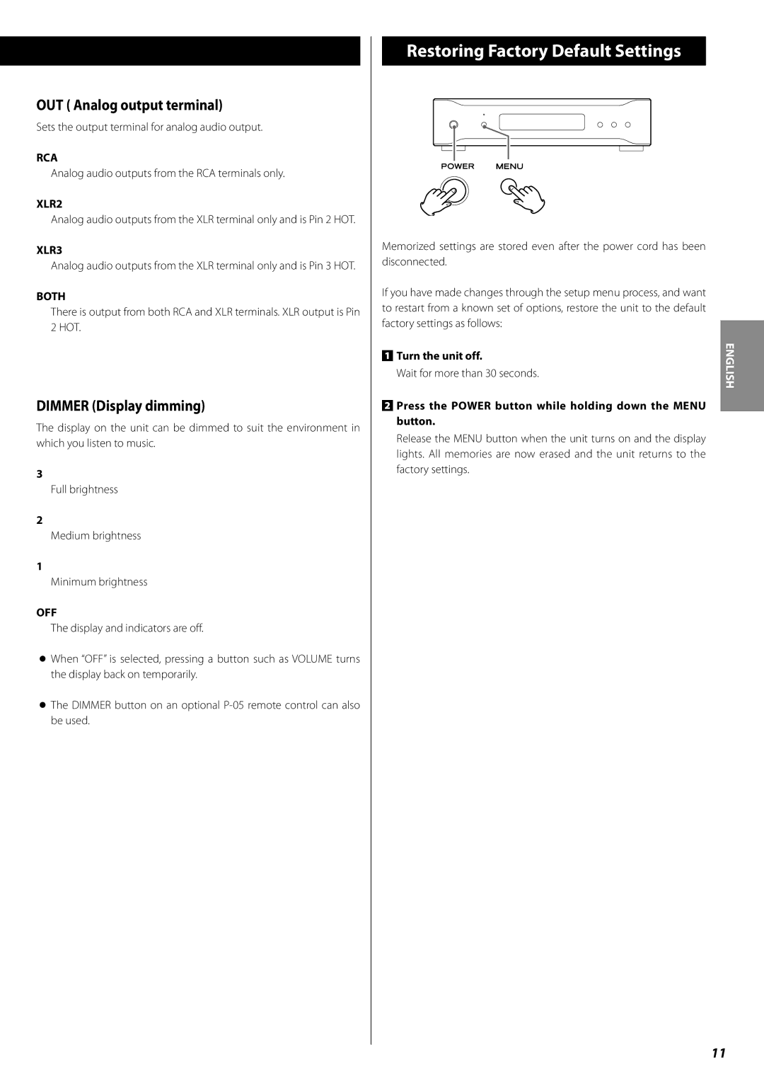 Esoteric D-07 owner manual Restoring Factory Default Settings, OUT Analog output terminal, Dimmer Display dimming 