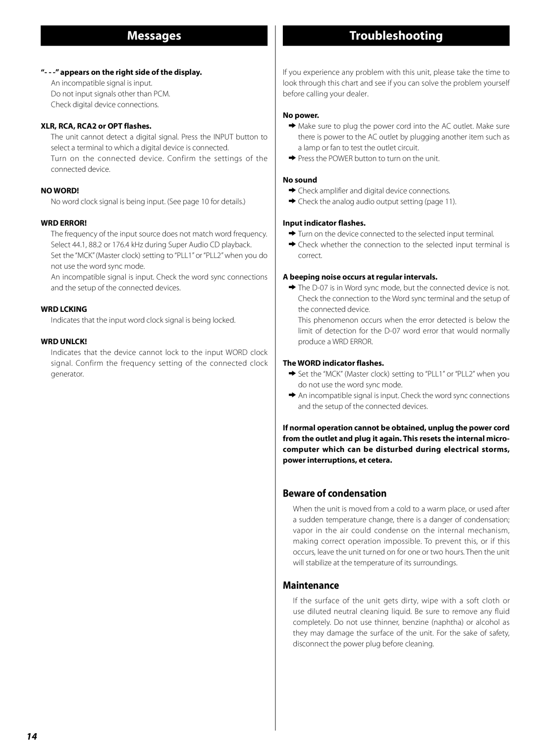 Esoteric D-07 owner manual Messages, Troubleshooting, Beware of condensation, Maintenance 