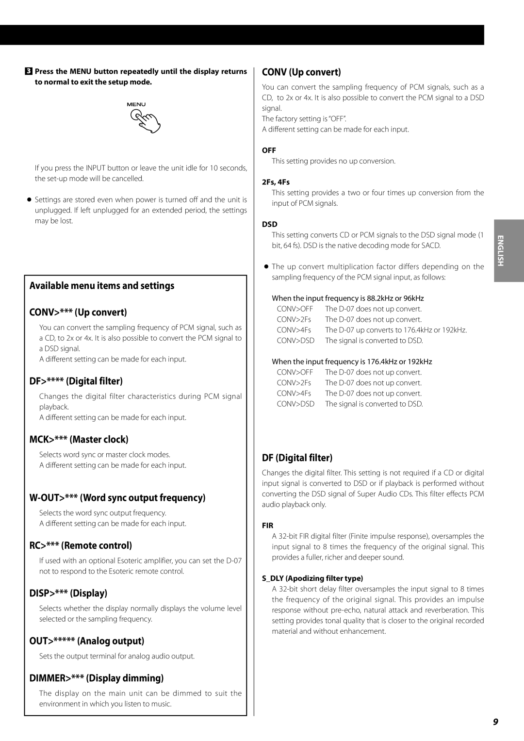 Esoteric D-07 owner manual Available menu items and settings CONV*** Up convert, DF**** Digital filter, MCK*** Master clock 