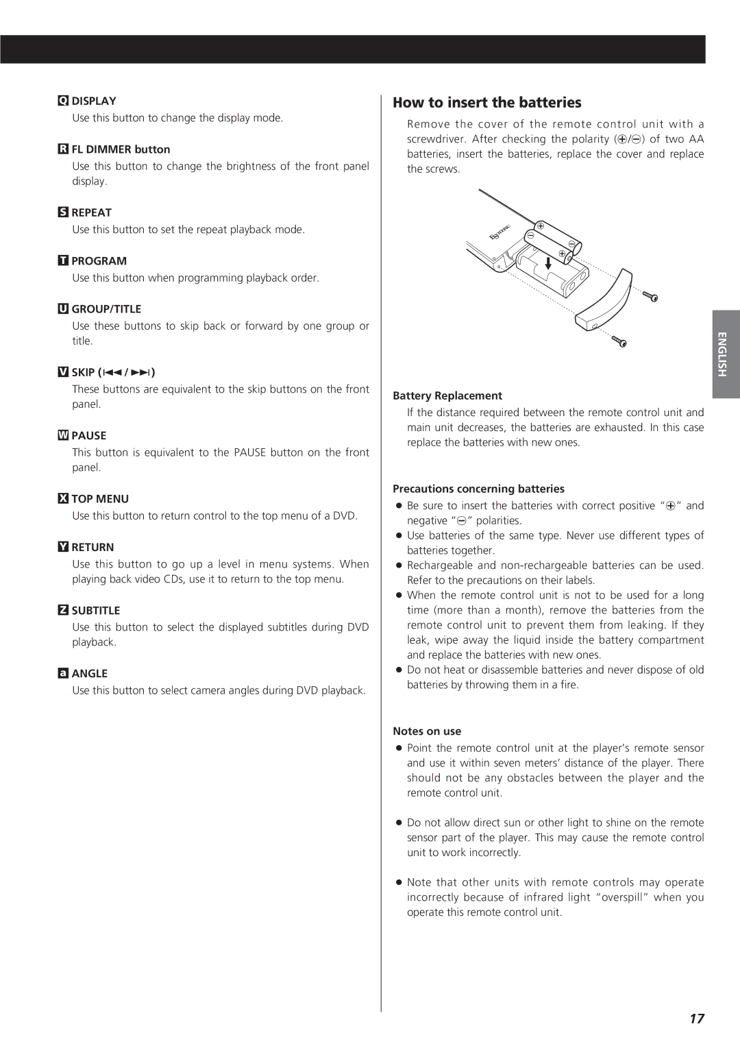 Esoteric D00816600A manual How to insert the batteries 