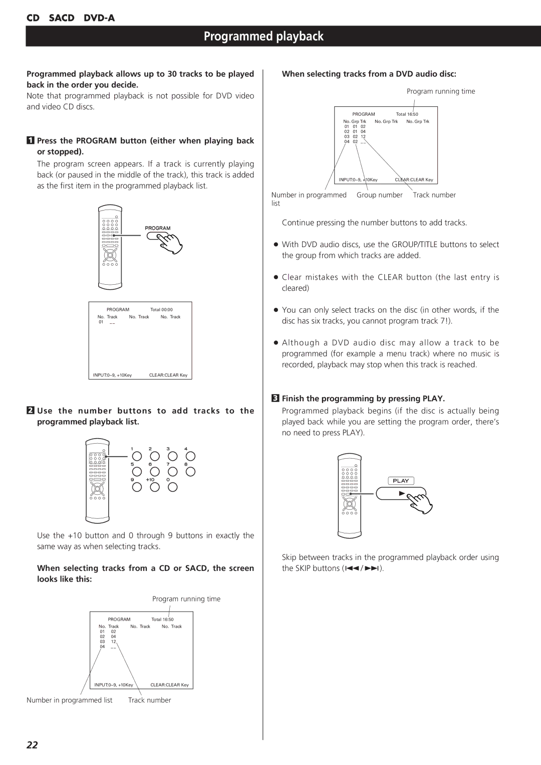 Esoteric D00816600A manual Programmed playback, When selecting tracks from a DVD audio disc 