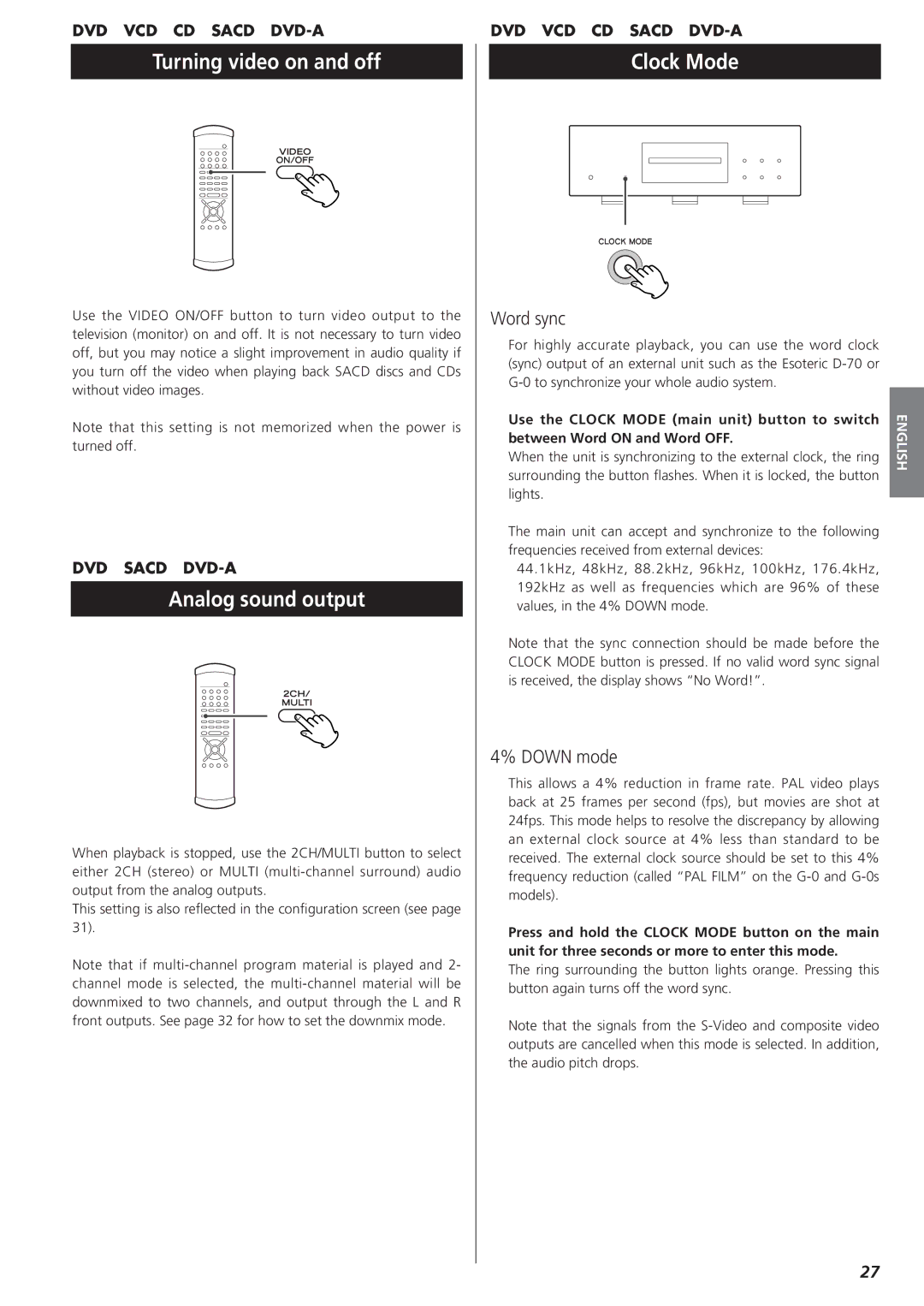 Esoteric D00816600A manual Turning video on and off, Analog sound output, Clock Mode, Word sync, Down mode 