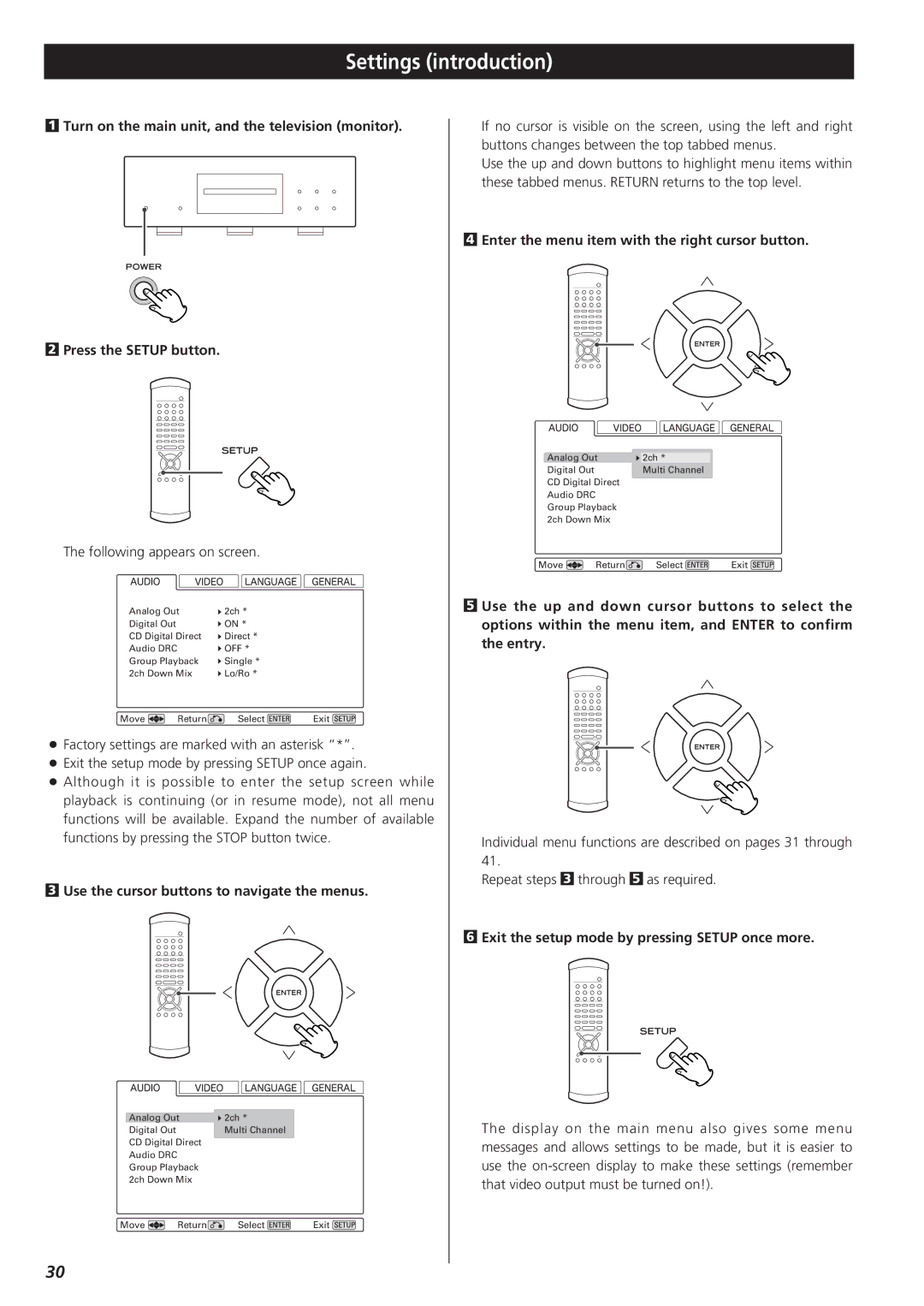 Esoteric D00816600A manual Settings introduction, Use the cursor buttons to navigate the menus 