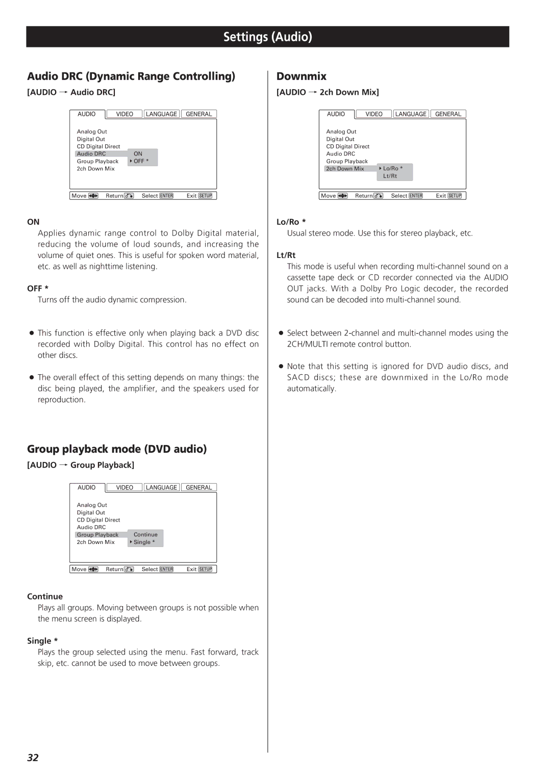 Esoteric D00816600A manual Audio DRC Dynamic Range Controlling, Group playback mode DVD audio, Downmix 