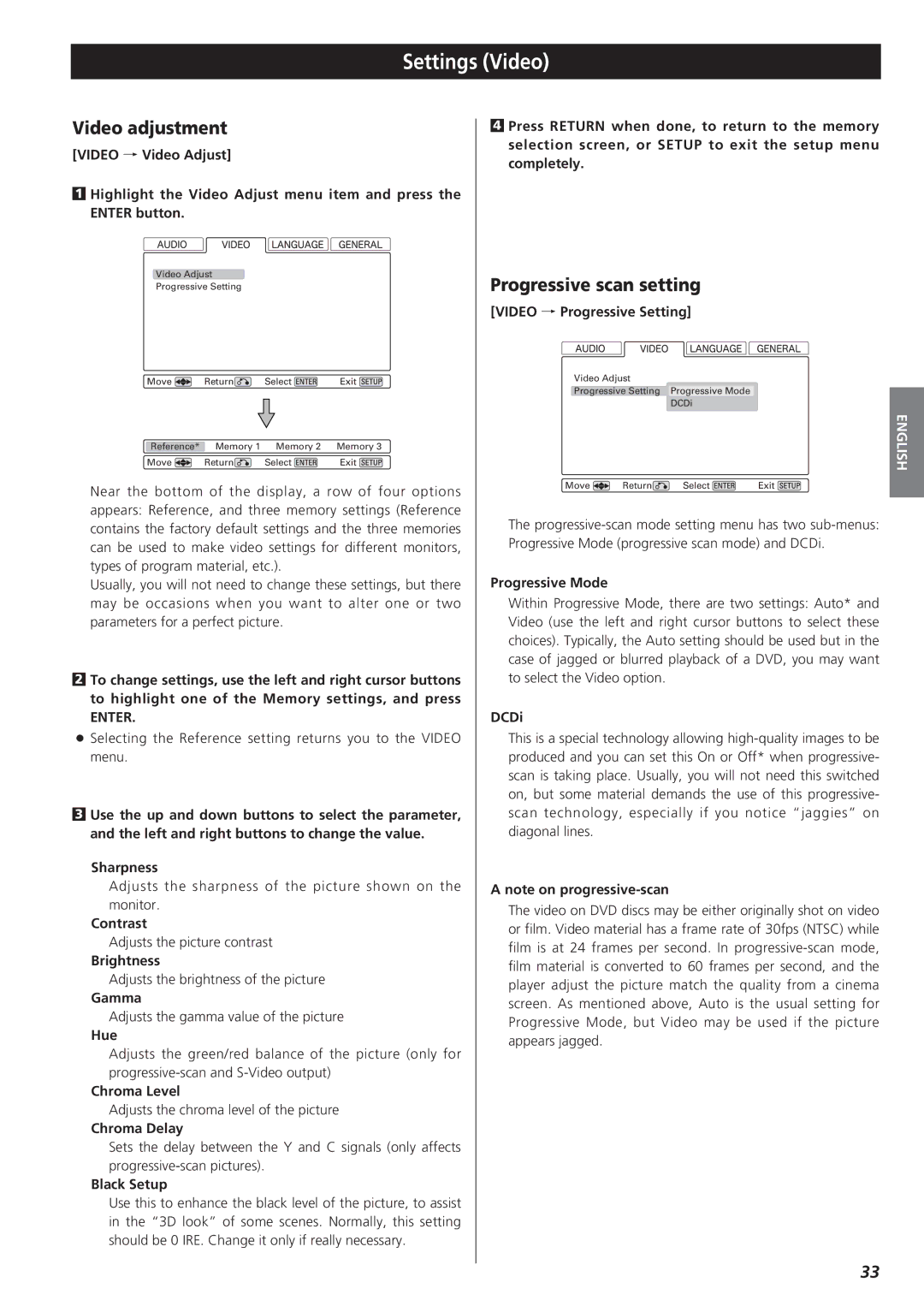 Esoteric D00816600A manual Settings Video, Video adjustment, Progressive scan setting, Enter 