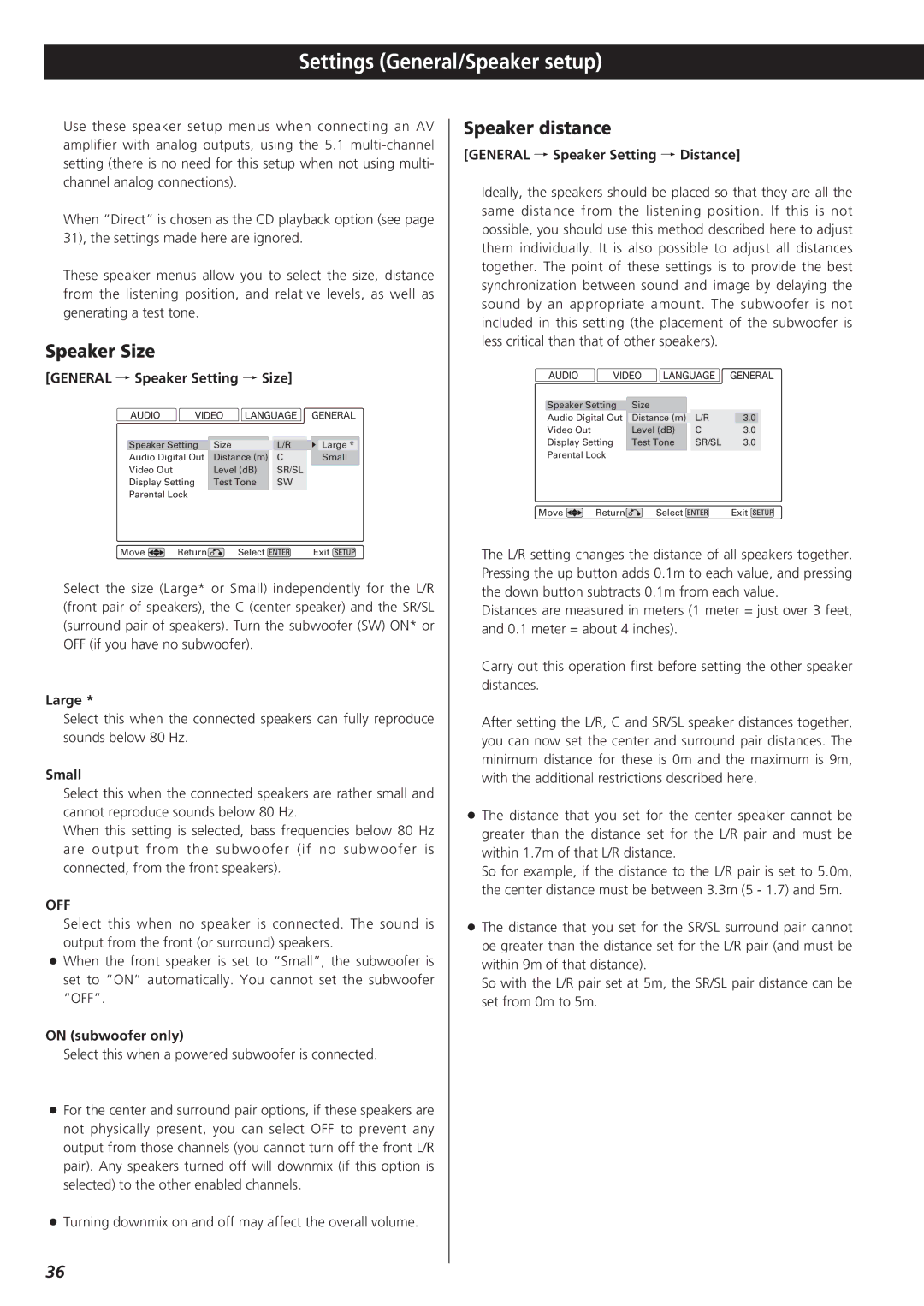 Esoteric D00816600A manual Settings General/Speaker setup, Speaker Size, Speaker distance 