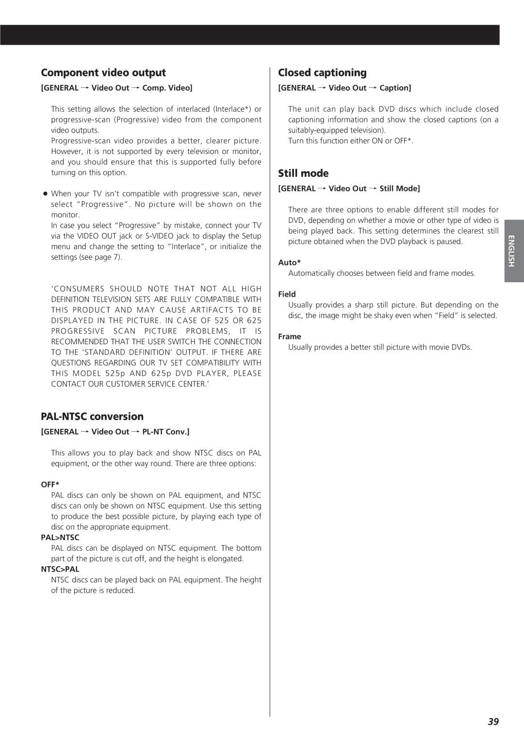 Esoteric D00816600A manual Component video output, PAL-NTSC conversion, Closed captioning, Still mode 