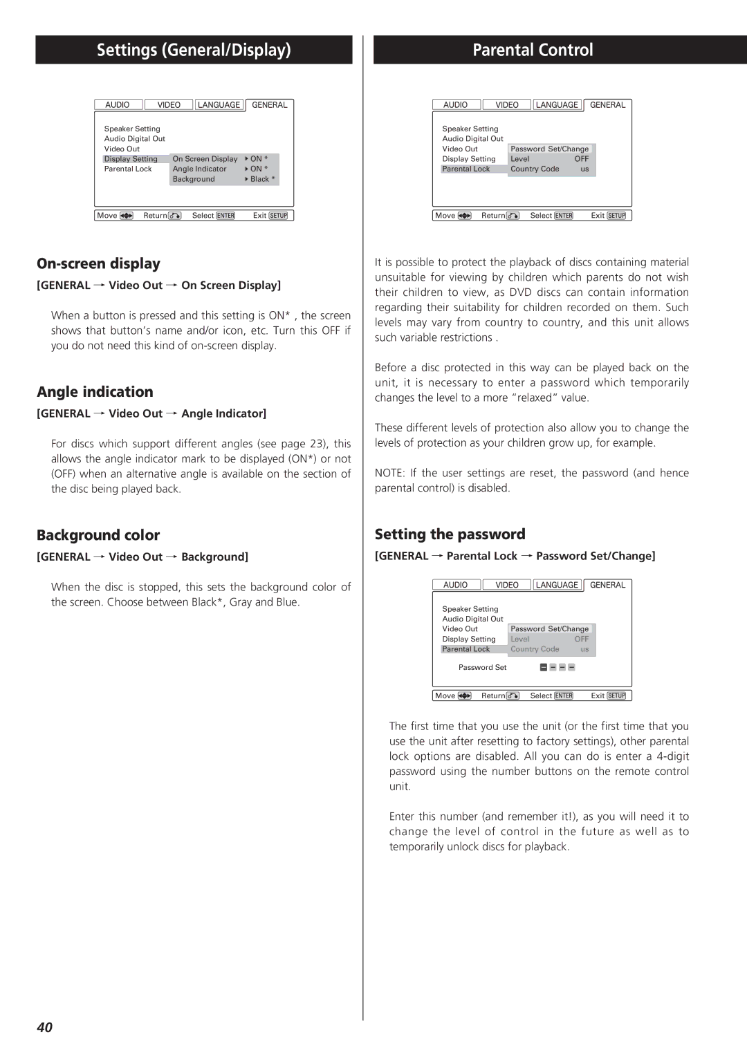 Esoteric D00816600A manual Settings General/Display, Parental Control 