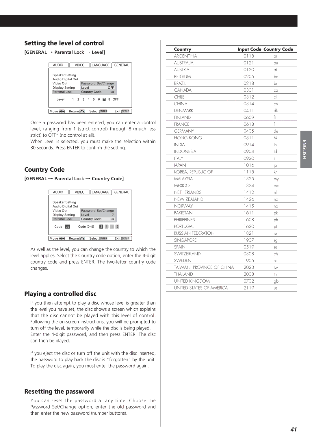 Esoteric D00816600A manual Setting the level of control, Country Code, Playing a controlled disc, Resetting the password 