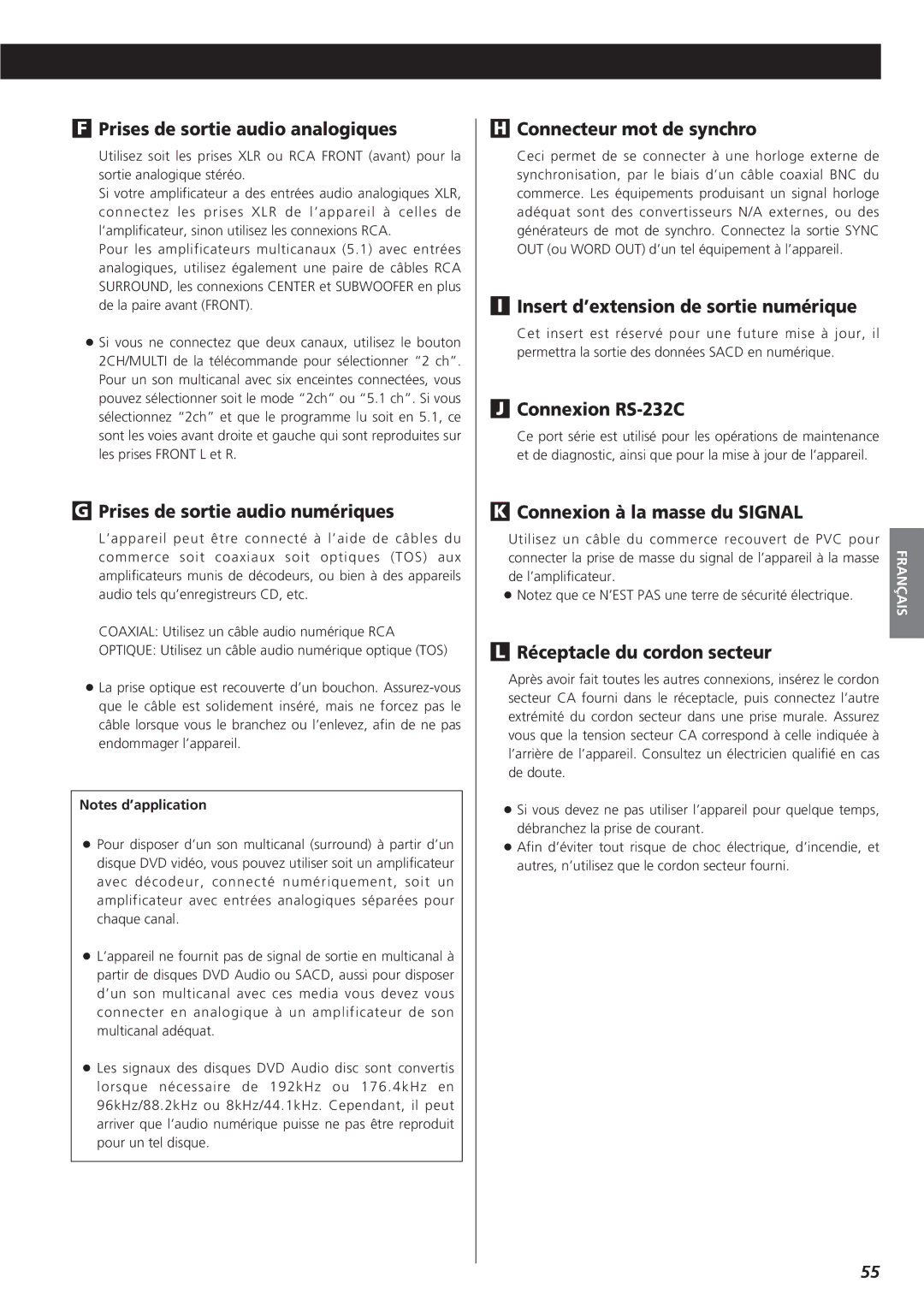 Esoteric D00816600A manual Prises de sortie audio analogiques, Prises de sortie audio numériques, Connecteur mot de synchro 