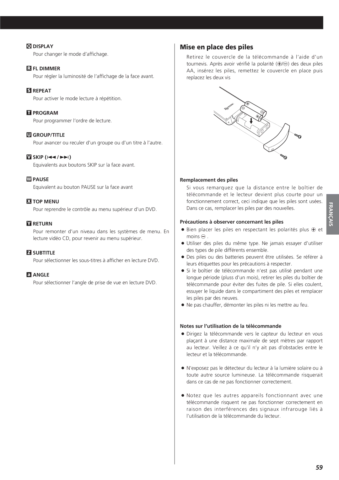 Esoteric D00816600A manual Mise en place des piles, FL Dimmer, Remplacement des piles 