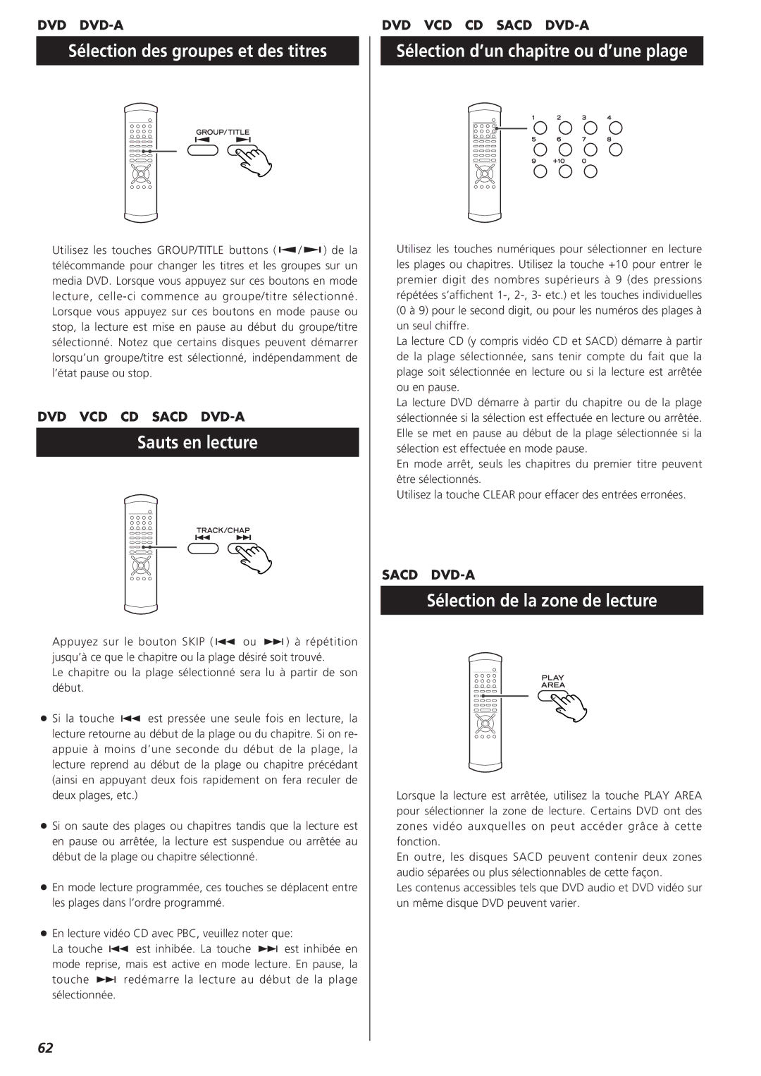 Esoteric D00816600A manual Sélection des groupes et des titres, Sauts en lecture, Sélection d’un chapitre ou d’une plage 