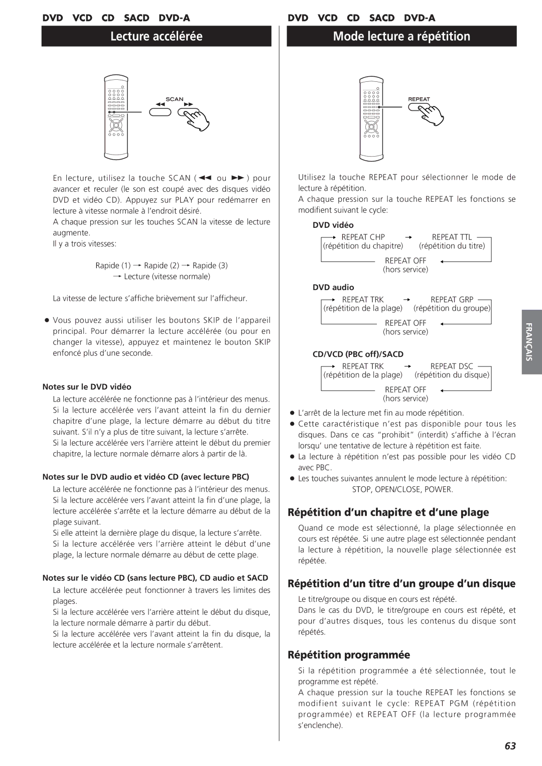 Esoteric D00816600A manual Lecture accélérée, Mode lecture a répétition, Répétition d’un chapitre et d’une plage 