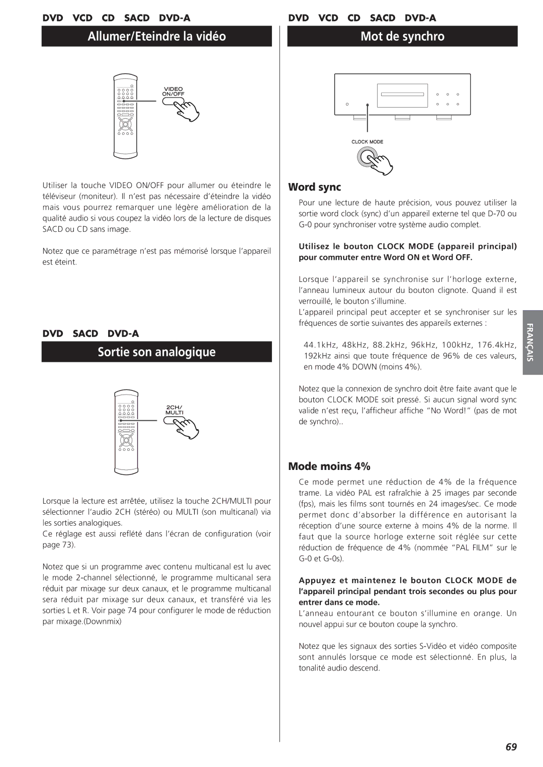 Esoteric D00816600A manual Allumer/Eteindre la vidéo, Sortie son analogique, Mot de synchro, Mode moins 4% 