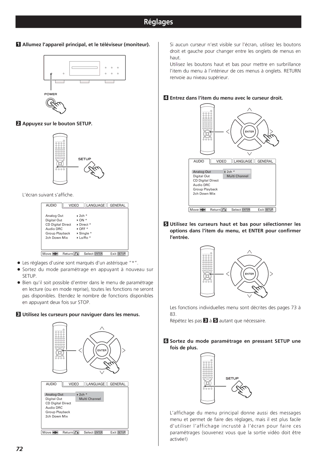 Esoteric D00816600A manual Réglages, Utilisez les curseurs pour naviguer dans les menus 