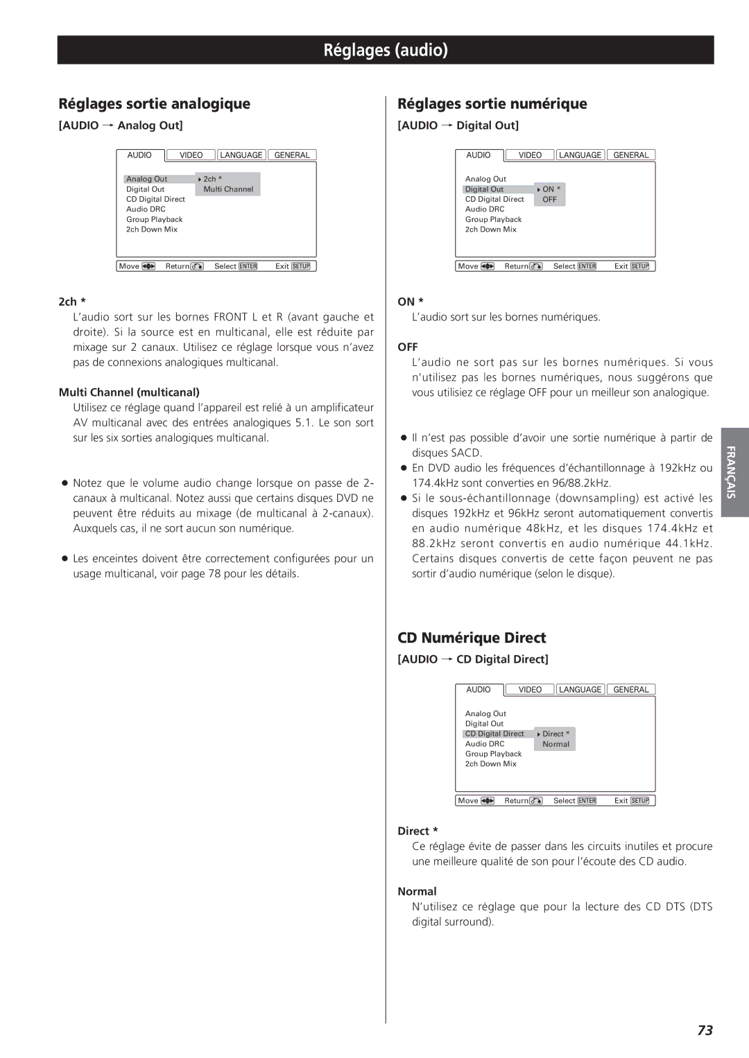 Esoteric D00816600A manual Réglages audio, Réglages sortie analogique, Réglages sortie numérique, CD Numérique Direct 